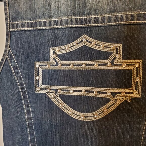 Harley-Davidson MEDIUM Rhinestone Bejeweled Blue Denim Zip Up Vest - Picture 3 of 9
